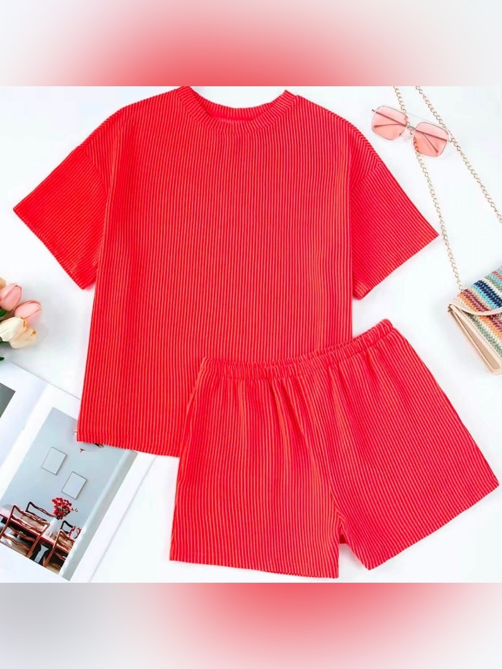 Asvivid NWT Coral Red Ribbed 2 Piece Lounge Set Shorts & Top Size Small
